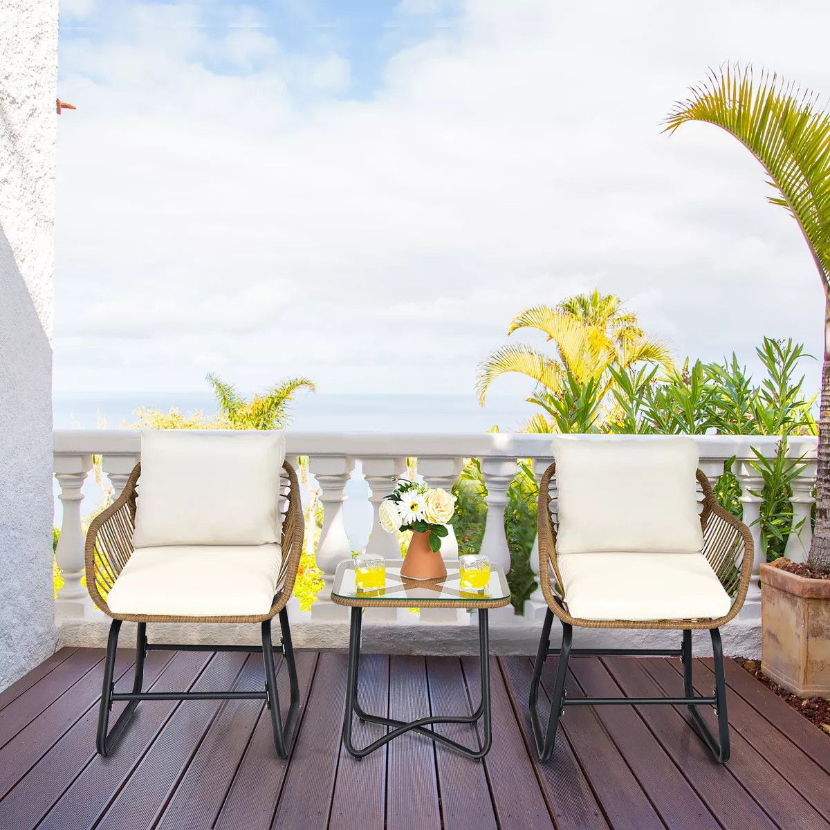 Costway 3PCS Patio Rattan Bistro Set All-Weather Cushioned Chair Table White | Target