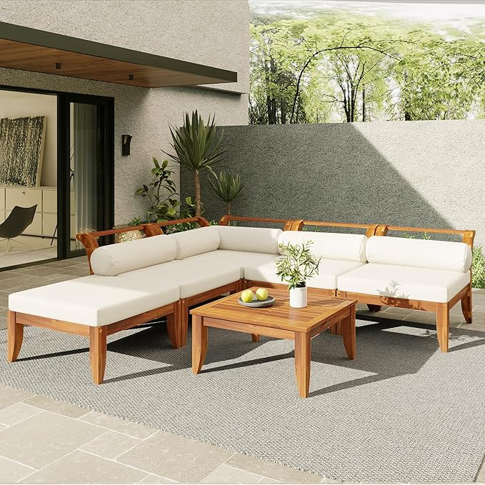 JIVOIT 6 Piece Acacia Wood Patio Sofa Set, Outdoor Modular Sectional Garden Furniture Set with Te... | Amazon (US)