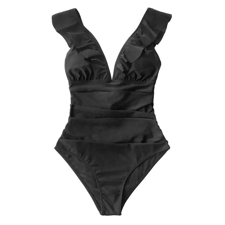 Cupshe Women's Black Ruffled Lace up One Piece Swimsuit, L | Walmart (US)