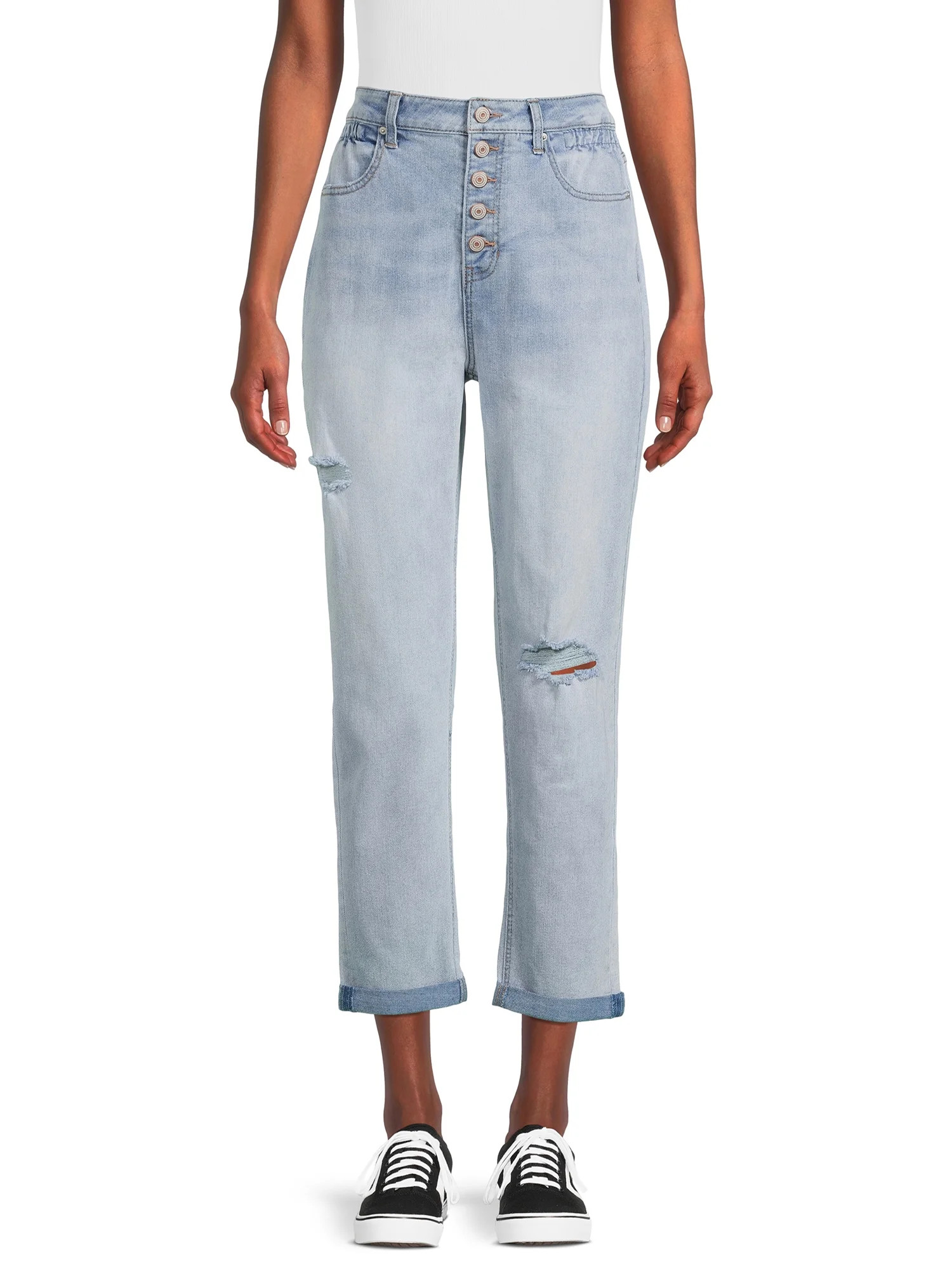 No Boundaries Juniors Cinched Mom Jeans - Walmart.com | Walmart (US)