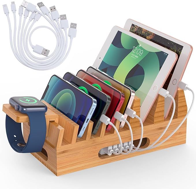Bamboo Charging Station Organizer for Multiple Devices & Wood Desktop Docking Charging Stand Such... | Amazon (US)