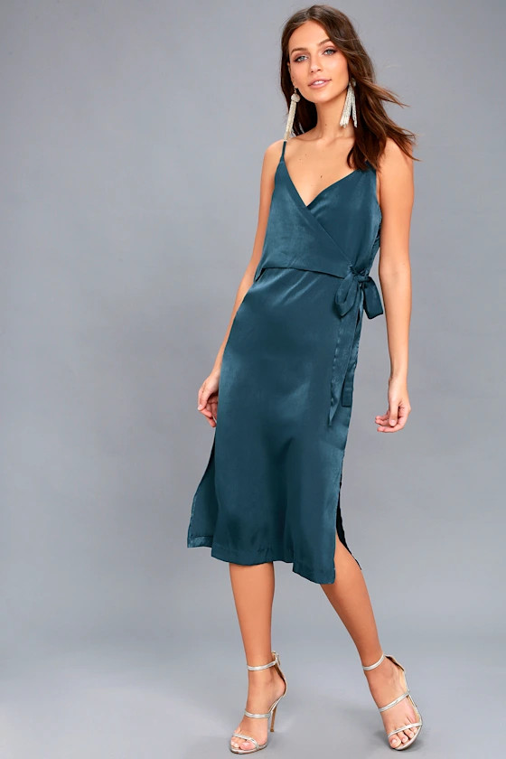 Fall in Love Teal Blue Satin Midi Wrap Dress | Lulus (US)