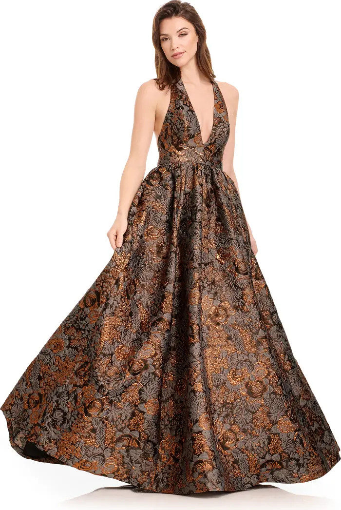 Christina Metallic Floral Jacquard Plunge Halter Neck Gown | Nordstrom
