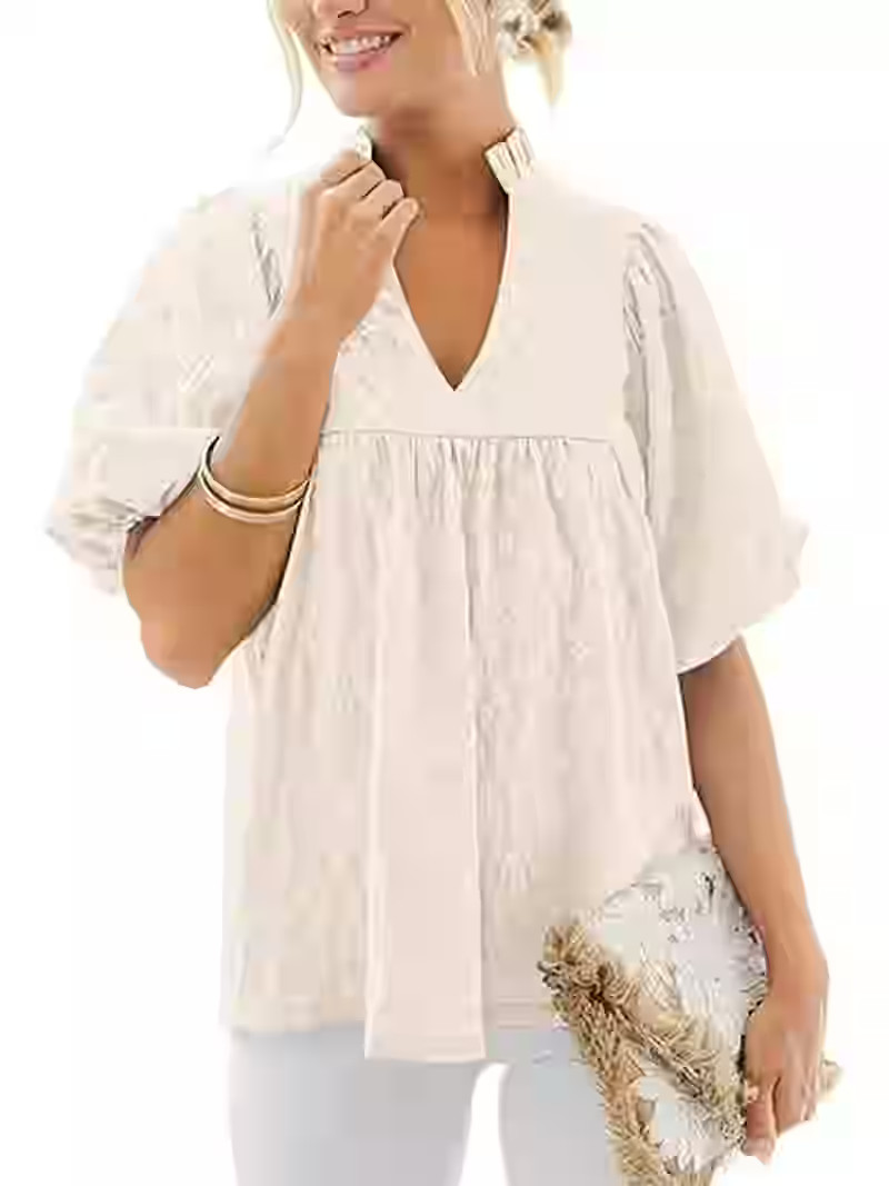 PRETTYGARDEN Womens Summer Tops 2025 Ruffle V Neck Blouses Loose Puff Short Sleeve Jacquard Babyd... | Walmart (US)