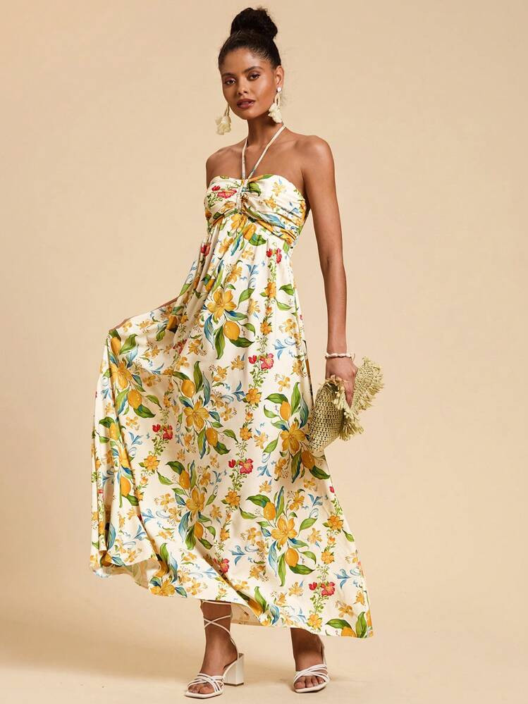 Travachic Vestido casual con cuello de lazo y espalda abierta, bajo acampanado con estampado, est... | SHEIN