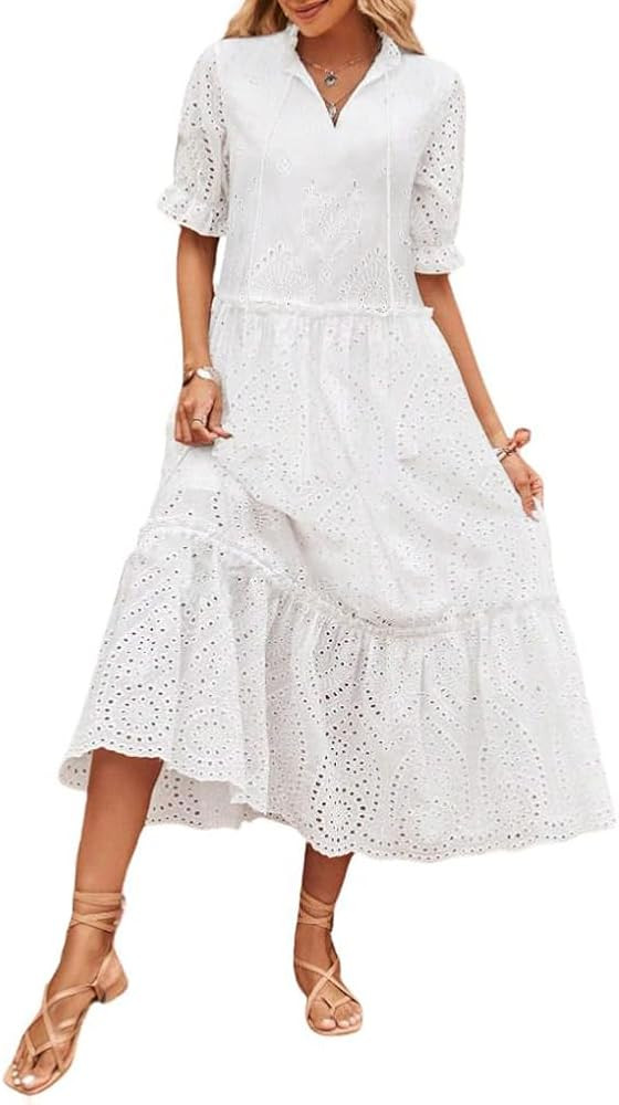 chouyatou Women's Summer Boho Embroidery Eyelet Dress V-Neck Collared Tiered Midi Tunic Dress | Amazon (US)