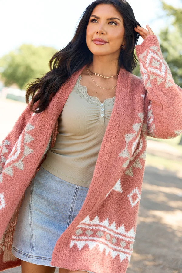 Traci Boucle Coral Southwestern Print Cardigan | Pink Lily