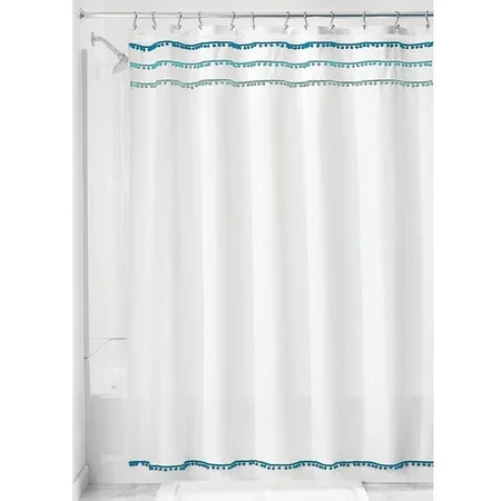 iDesign Pom Pom Fabric Shower Curtain, White and Blue | Walmart (US)