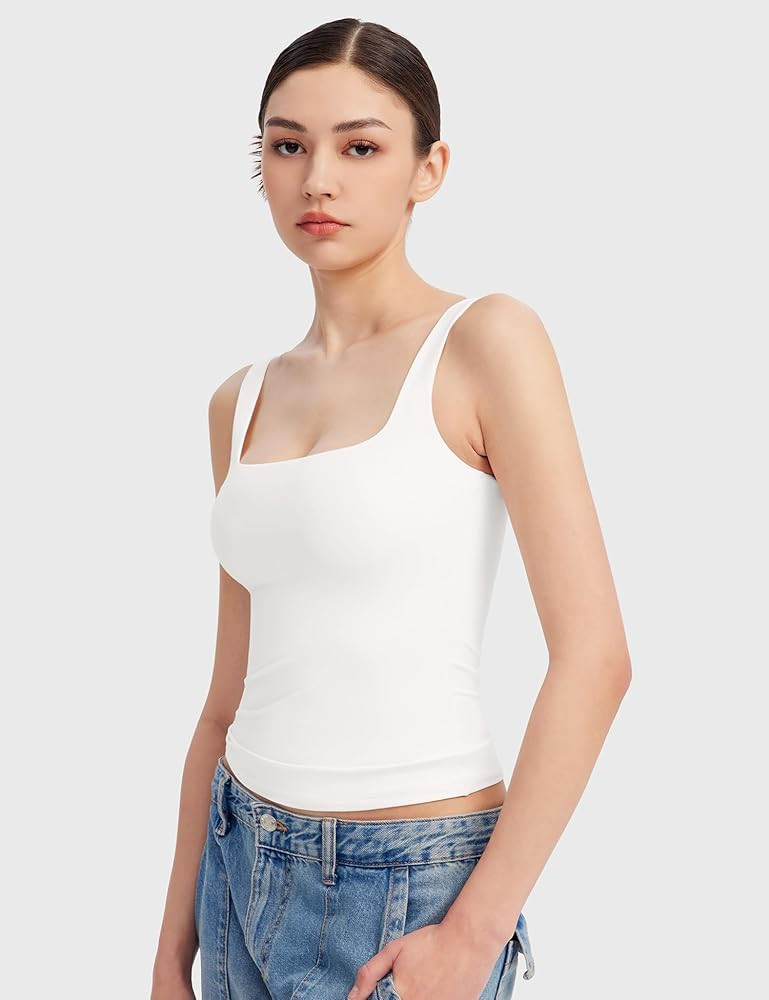 PUMIEY Women's Square Neck Tank Top Sleeveless Double Lined Basic Tops Sharp Collection | Amazon (US)