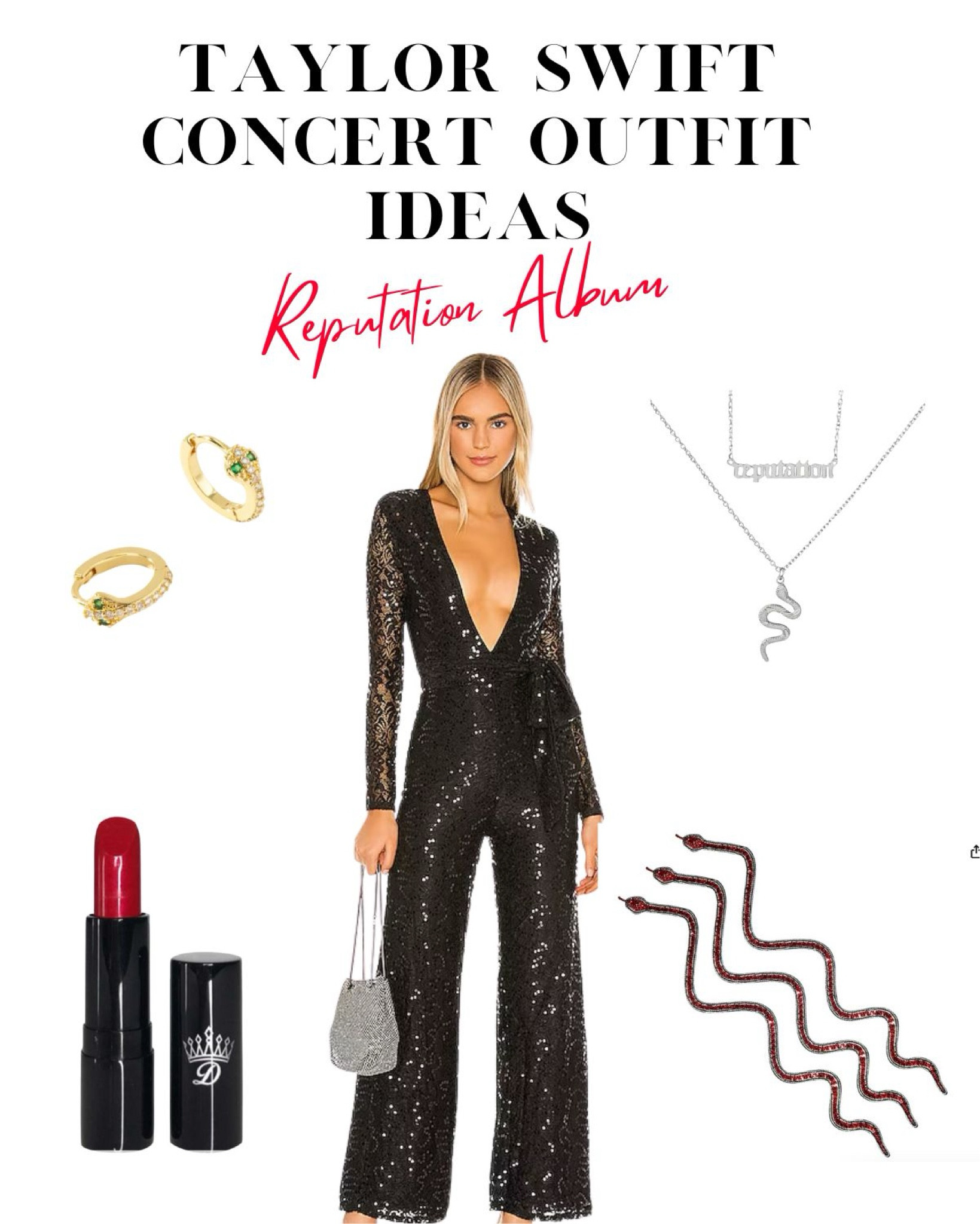 Taylor Swift Eras Tour concert outfit ideas inspired by her Reputation album costumes. Think sparkly black sequin jumpsuits embellished with red sequin snakes, red lipstick, or a Reputaytion t-shirt (not a typo). #concertoutfits #ltkparties #ltkconcert

#LTKFindsUnder100 #LTKParties #LTKStyleTip