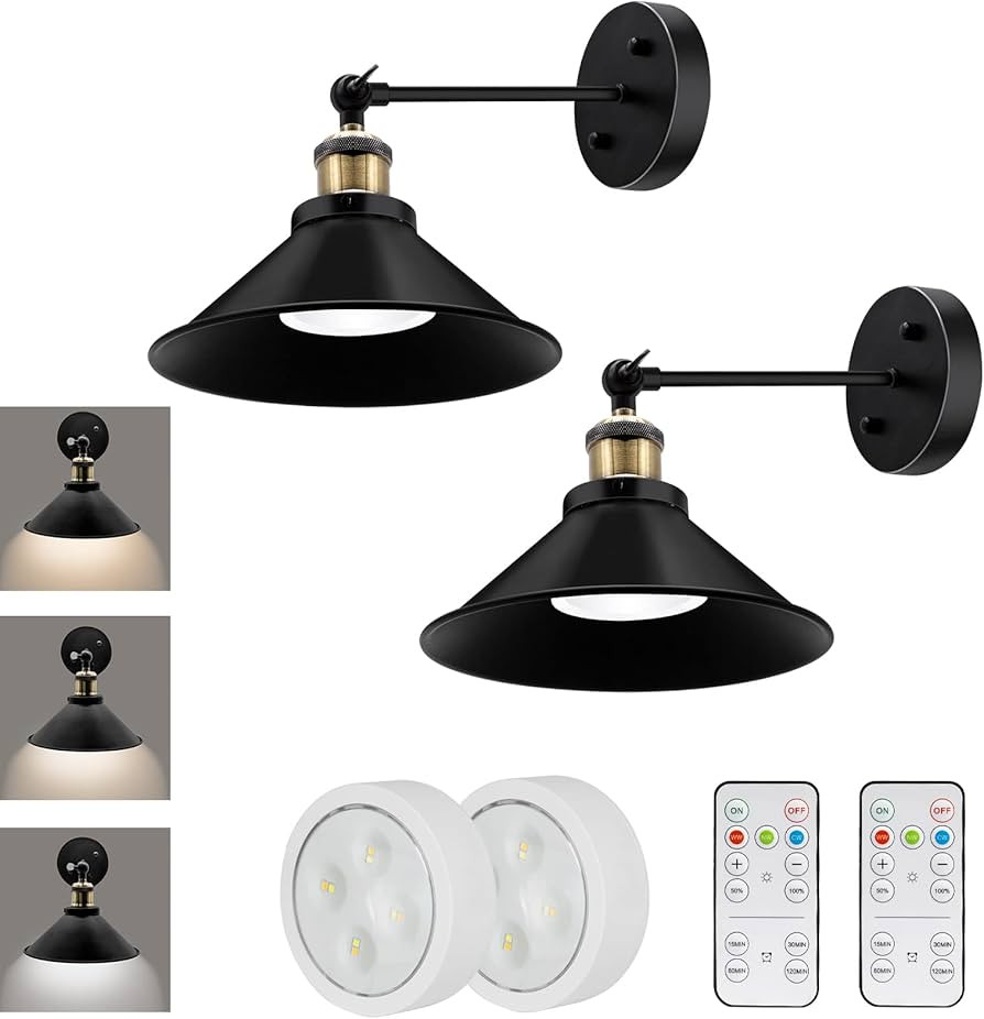 LABOREDUCER Battery Operated Wall Sconces Set of 2,Black Wireless Sconces Wall Lighting with Remo... | Amazon (US)