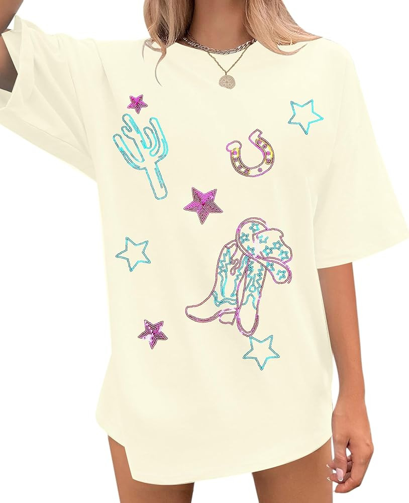 Boho Western Cowgirl Shirts for Women: Sequin Western Rodeo Graphic Tee Oversized Country Music S... | Amazon (US)