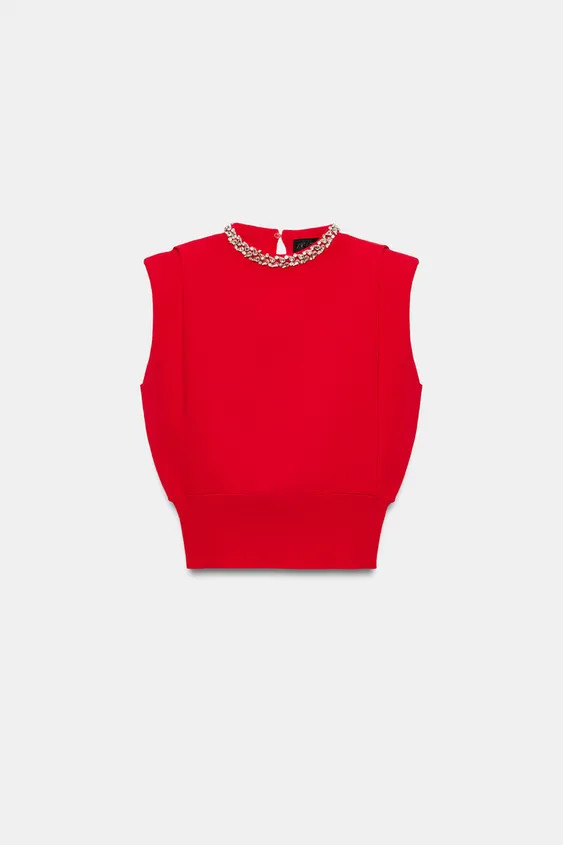 JEWEL NECK SHOULDER PAD TOP | Zara US