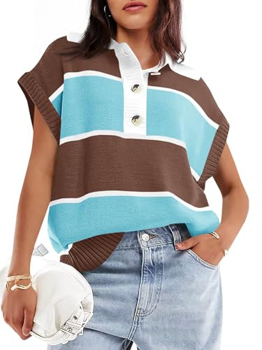 Saodimallsu Women's V Neck Button Down Striped Short Sleeve Knit Sweater | Amazon (US)