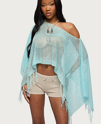 Women's Sequin Fringe Knit Poncho | Macy's