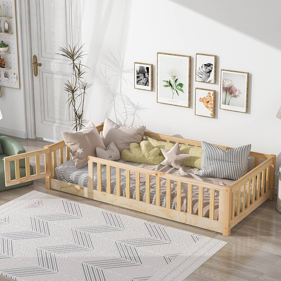 Twin Size Floor Bed Frame for Kids Wood Montessori Floor Beds with Fence Railings & Support Slats... | Amazon (US)