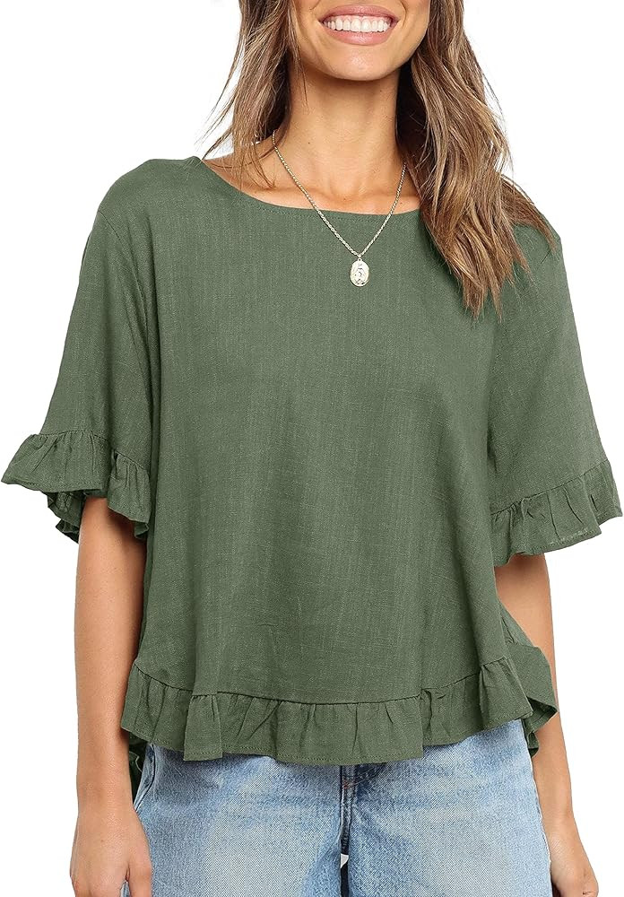 Womens Short Ruffle Sleeve Shirts Crewneck Loose Fit Summer Flowy Basic Blouse Tees Soft Casual E... | Amazon (US)
