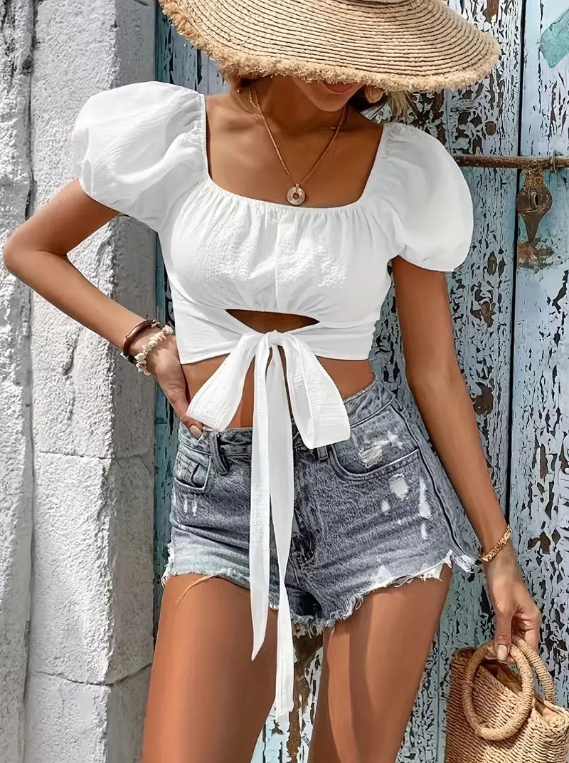 Square Neck Tie Front Crop Blouse Vacation Style Puff Sleeve - Temu United   Emirates | Temu Affiliate Program