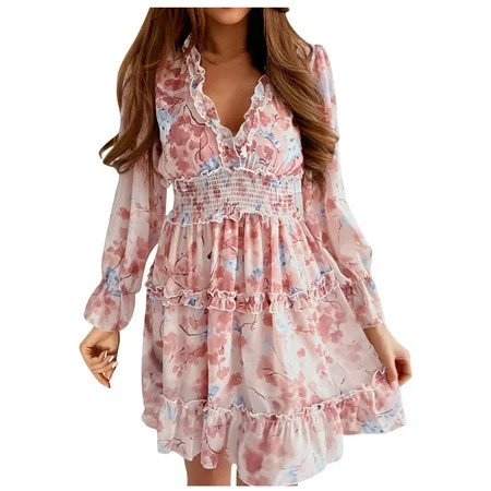 Honeeladyy Sales Women s Casual Summer Floral Dress Chiffon Ruffle Trim Beach Boho Dress Flowy Mini  | Walmart (US)