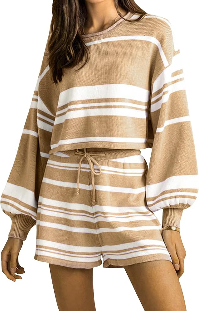 Gihuo Women' s Striped 2 Piece Outfits Crewneck Knit Pullover Sweater Shorts Set | Amazon (US)