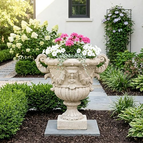 21.65"H Classical Mythological Relief Urn Planter, MGO Pedestal Flower Pot with Ornate Scroll Handles, Lightweight Weather-Resistant Decorative Vase for Garden, Patio, Entryway (Antique White4) | Amazon (US)