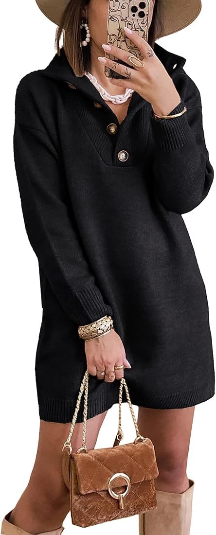 2023 Fall Winter Women's Long Sleeve Turtleneck Sweater Dress Button Down Solid Lapel Knit Mini P... | Amazon (US)