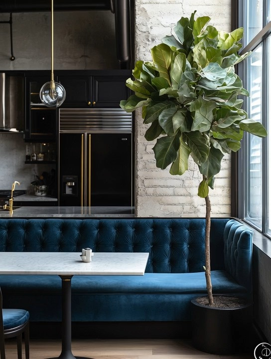 This is creative imagination done right—a restaurant-quality moment brought home with intention.

A booth-style dining setup instantly elevates everyday living. A blue velvet banquette layered against a simple wall creates structure, comfort, and visual drama without demanding square footage. Pair it with a marble table for a refined, hotel feel, or choose warm wood for a softer, European bistro mood. Both work beautifully.

What makes this concept so powerful is its flexibility.
Two seats for intimate mornings.
Three or four for casual hosting.
Always elegant, never oversized.

Tucked neatly along a wall, this dining moment proves that great design isn’t about space—it’s about placement. Add a sculptural, tree-like plant to soften the lines and you instantly get that high-end restaurant atmosphere, the kind that makes even a weekday meal feel special.

This is dining that feels curated, cozy, and quietly luxurious.

#CreativeInteriors
#BoothDining
#GlamorousMinimalism
#VelvetSeating
#HomeRestaurant
#ElegantLiving
#SmallSpaceLuxury
#QuietLuxury
#DesignerDining
#ModernEuropeanStyle 

 #LTKHome