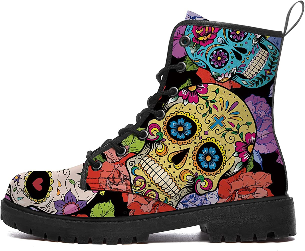 Sugar Skull Boots Womens Mens Combat Boots Lace Up Round Toe Work Ankle Booties Waterproof Shoes ... | Amazon (US)