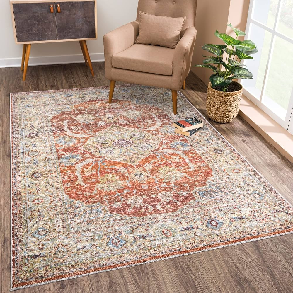 Bloom Rugs Caria Washable Non-Slip 5x7 Rug - Orange/Olive Beige Traditional Area Rug for Living R... | Amazon (US)