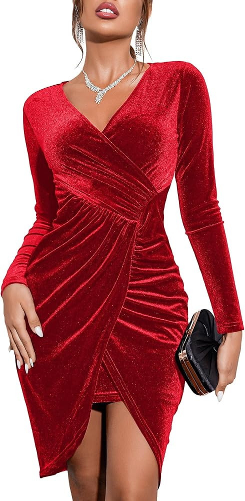 Zeagoo Damen Samtkleid Langarm Elegant Cocktailkleid V-Ausschnitt Hohe Taille Bodycon Partykleid ... | Amazon (DE)