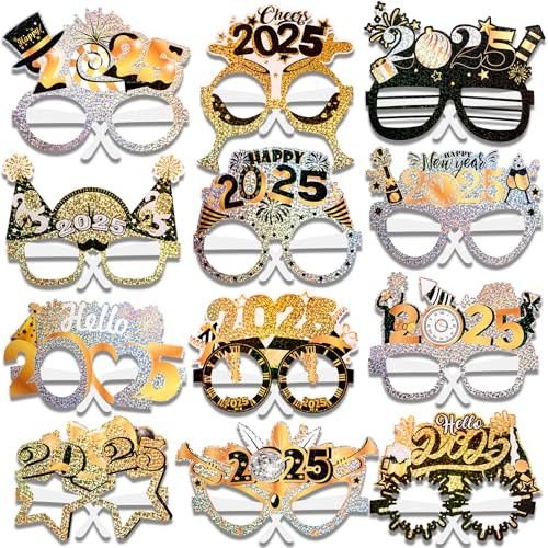 HOWAF 24 Pieces Happy New Year Party Supplies Glitter Glasses, Black Gold Silver 2025 New Year's Eve Party Favors Photo Booth Props Eyeglasses Frame for 24 Pieces NYE Party Favors Decorations | Amazon (US)