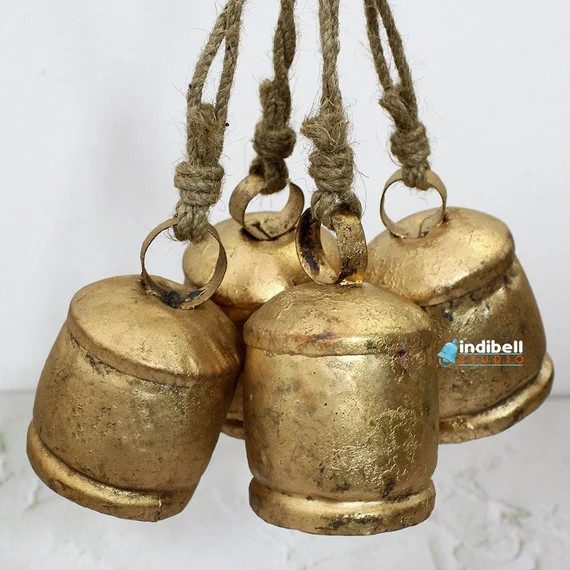 Set of 4 Vintage Cylindrical Bells, Recycled Iron Tin Cow Bells,3.5" Inches Height, Gold Color An... | Etsy (US)