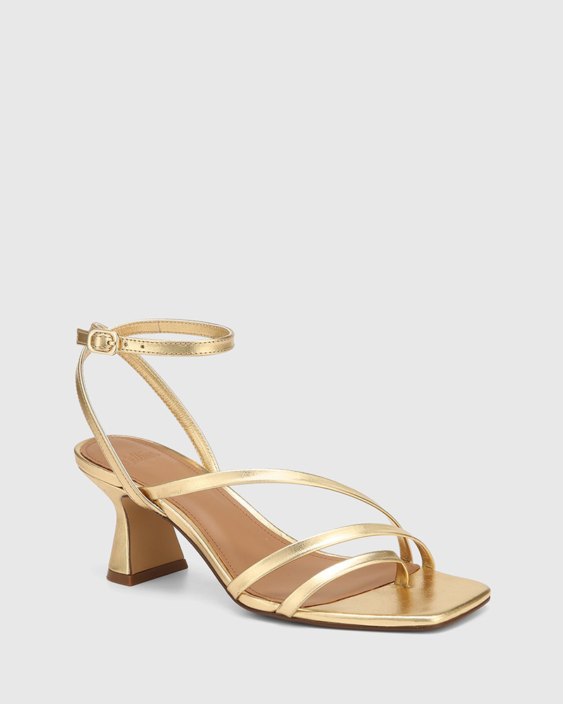 Maeve Gold Metallic Leather Flared Heel Sandal | Wittner