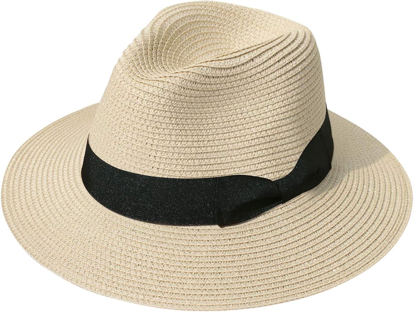 Lanzom Women Wide Brim Straw Panama Roll up Hat Fedora Beach Sun Hat UPF50+ | Amazon (US)