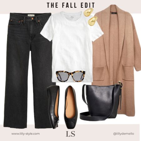 Effortless and chic fall outfit - wide leg jeans, white tee, coatigan, black flats, small leather tote. 



#LTKstyletip #LTKSeasonal #LTKitbag