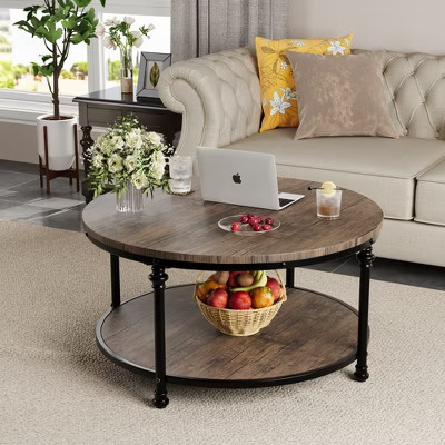Farmhouse 2 Tier Wooden Coffee Table， Round Coffee Table, for Living Room, Wood Brown | Target