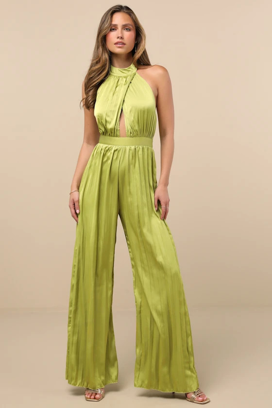 Confident Impression Lime Green Satin Pleated Halter Jumpsuit | Lulus