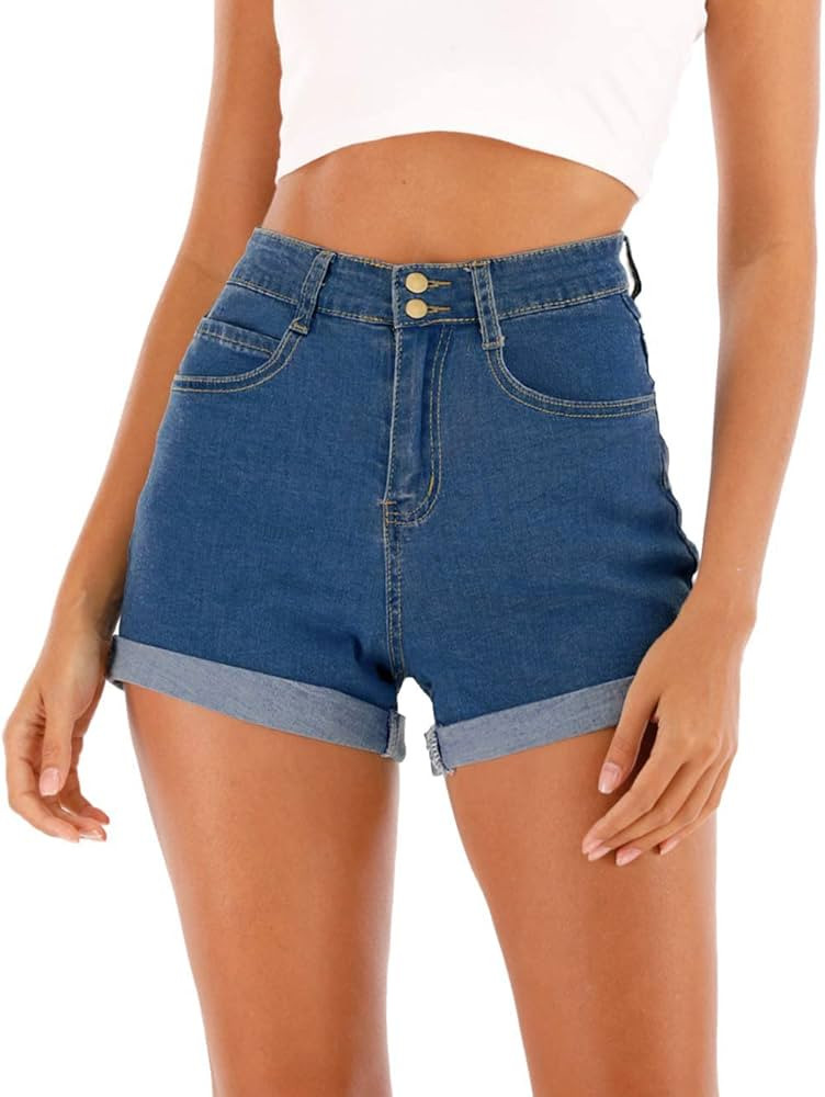 Cuihur Women's Summer Casual Denim High Waisted Folded Hem Jeans Shorts for Juniors | Amazon (US)