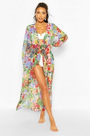 Beach Tropical Print Tie Front Long Sleeve Kimono | Boohoo.com (US & CA)