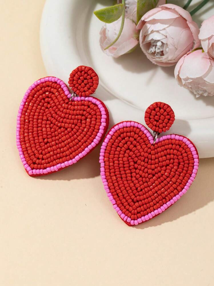 1 Pair Handmade Beaded Heart & Love Shape Bohemian Style Earrings, Gift For Women Valentines | SHEIN