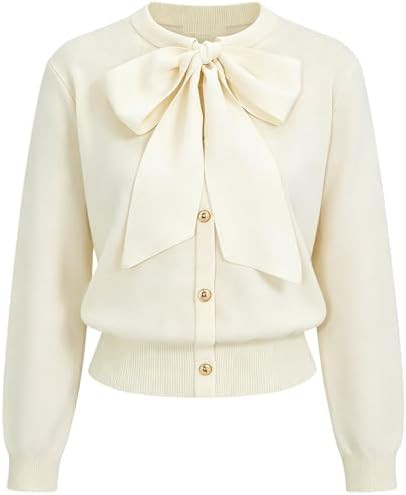 Women's Satin Bow Neck Knit Cardigan Sweater Lightweight Crewneck Metal Button Down Long Sleeve C... | Amazon (US)