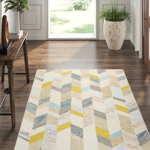 Dimat Chevron Handmade Tufted Wool Gray/Blue/Gold Area Rug | Wayfair North America
