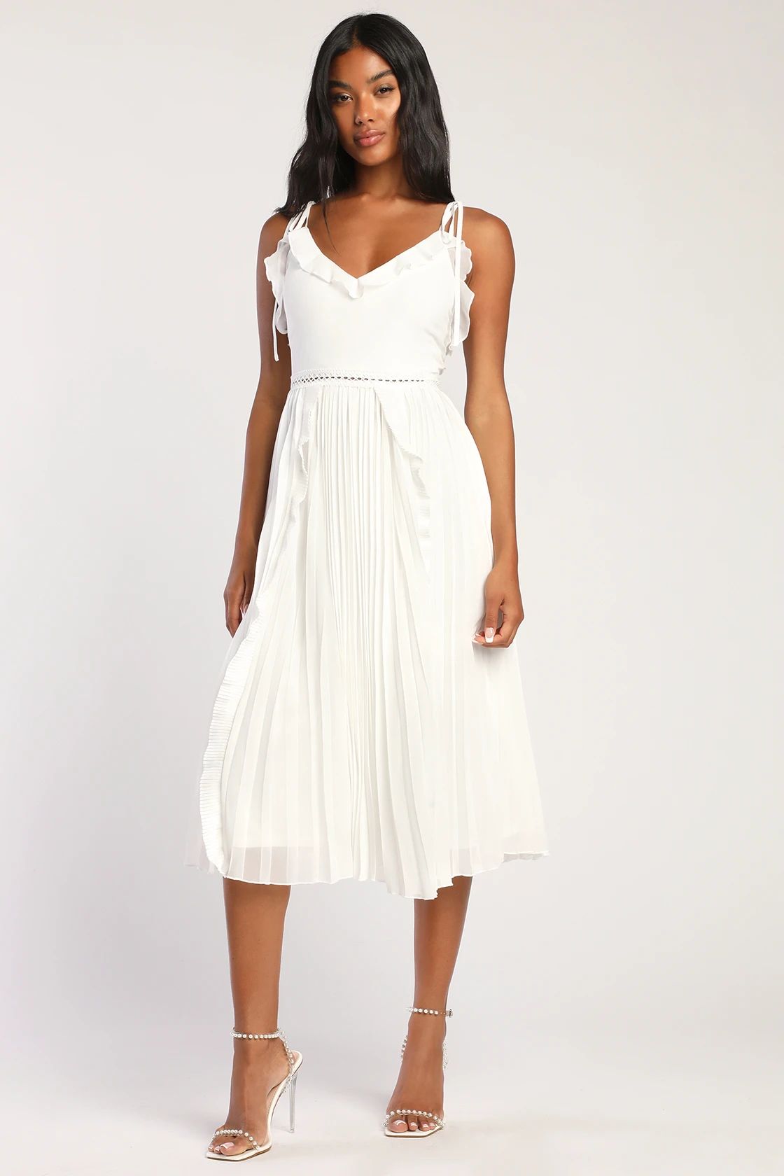 Never a Dull Moment White Tie-Strap Pleated Midi Dress | Lulus (US)