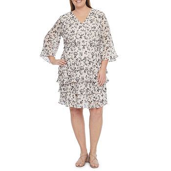 Danny & Nicole Plus 3/4 Sleeve Floral Clip Dot Fit + Flare Dresses | JCPenney