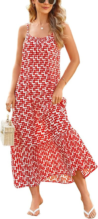 Bluetime Women Casual Summer Maxi Dress | Scoop Neck, Spaghetti Strap, Floral Flowy Long Dress, O... | Amazon (US)