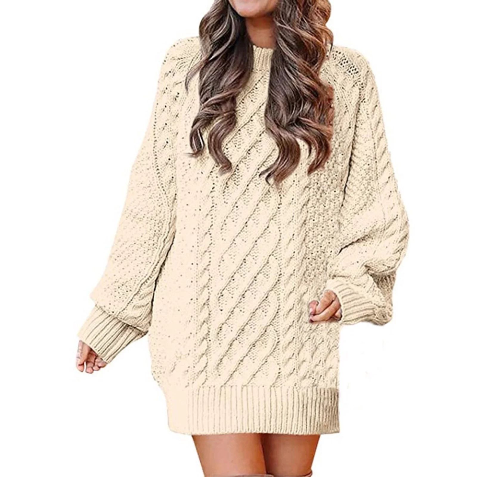 Women Crewneck Long Sleeve Slouchy Oversized Winter Casual Cable Knit Chunky Pullover Short Tunic... | Walmart (US)