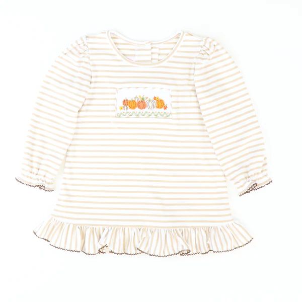 Smocked Pumpkin Floral Dress - Tan Stripe Knit | Southern Smocked Co.