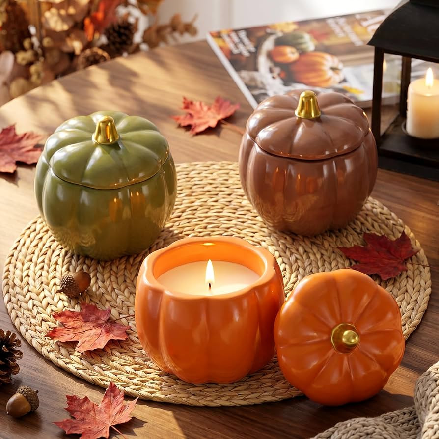 Everloria 3 Pcs Fall Ceramic Pumpkin Candle Gift Set, Autumn Scented Candle, 14.4oz Soy Wax Pumpk... | Amazon (US)