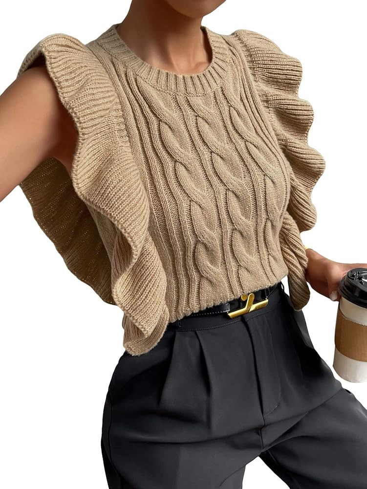 Milumia Cable Knit Ruffle Trim Sweater Vest Crew Neck Sleeveless Crop Tank Tops Knitwear for Wome... | Amazon (US)