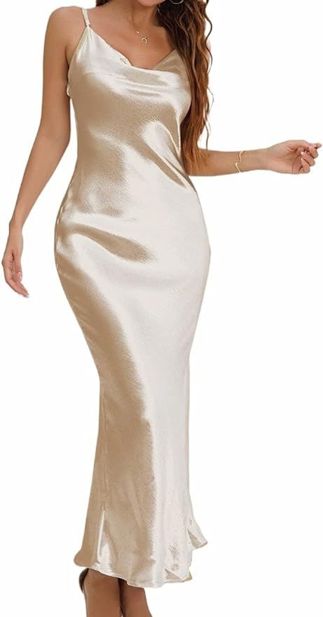 Modegal Women's Shiny Satin Adjustable Straps Backless Cowl Neck Asymmetric Hem Ruched Cocktail C... | Amazon (US)